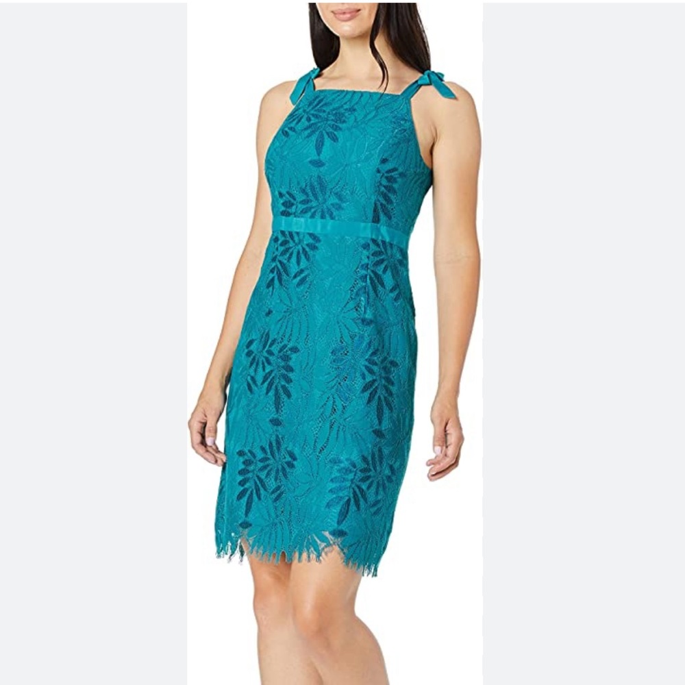 Lilly Pulitzer Kayleigh Teal Tidal Wave Midi Shift Dress Sz 6 Eyelash Lace Tie